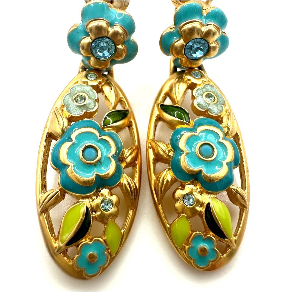 Swarovski Swan vintage gold plated blue flowers crystals enamel clip on earrings